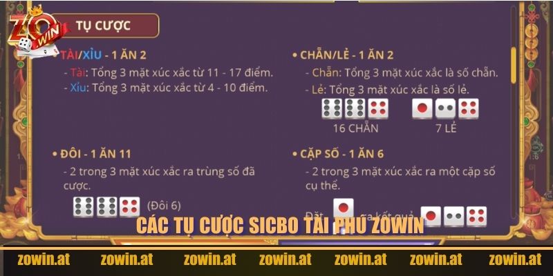 Các tụ cược phổ biến trong Sicbo Tài Phú tại cổng game Zowin.